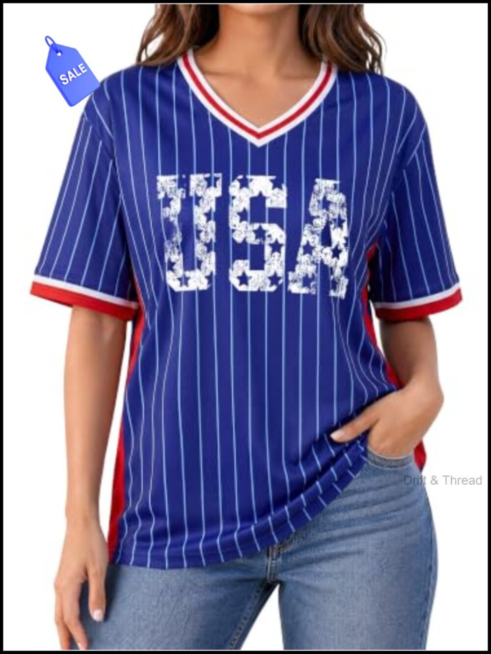 Women's Oversize V-Neck Soccer Jersey T-Shirt Letter Print Casual Top